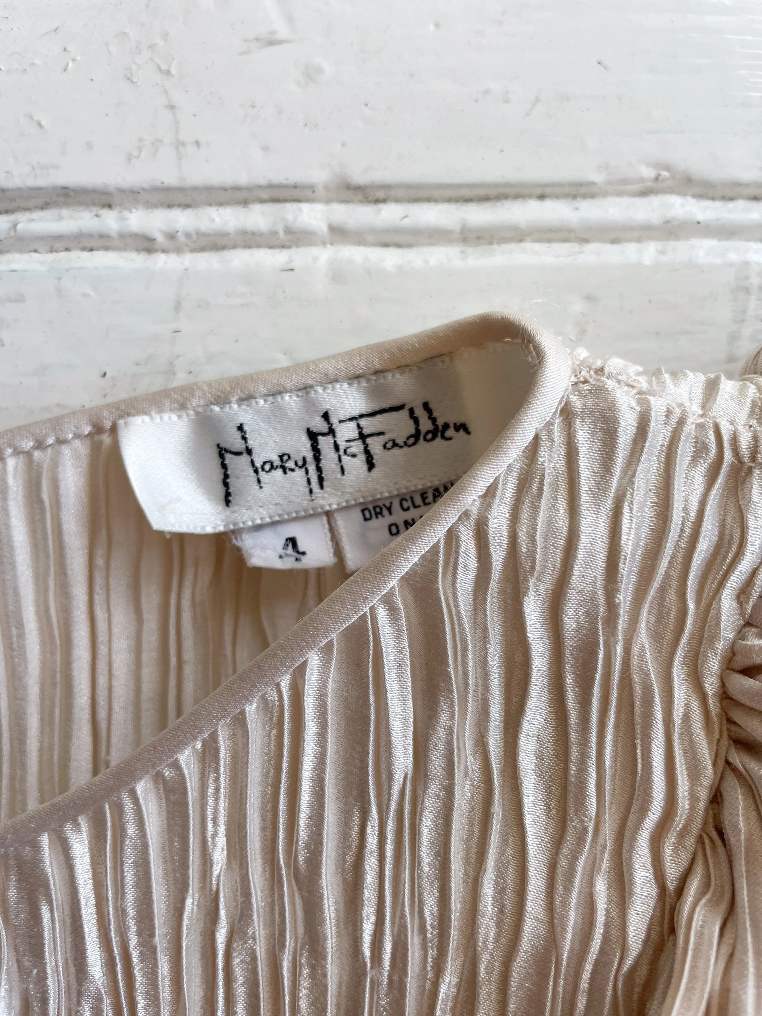 1980s Mary McFadden Creme and Taupe Plisse Cocktail Dress